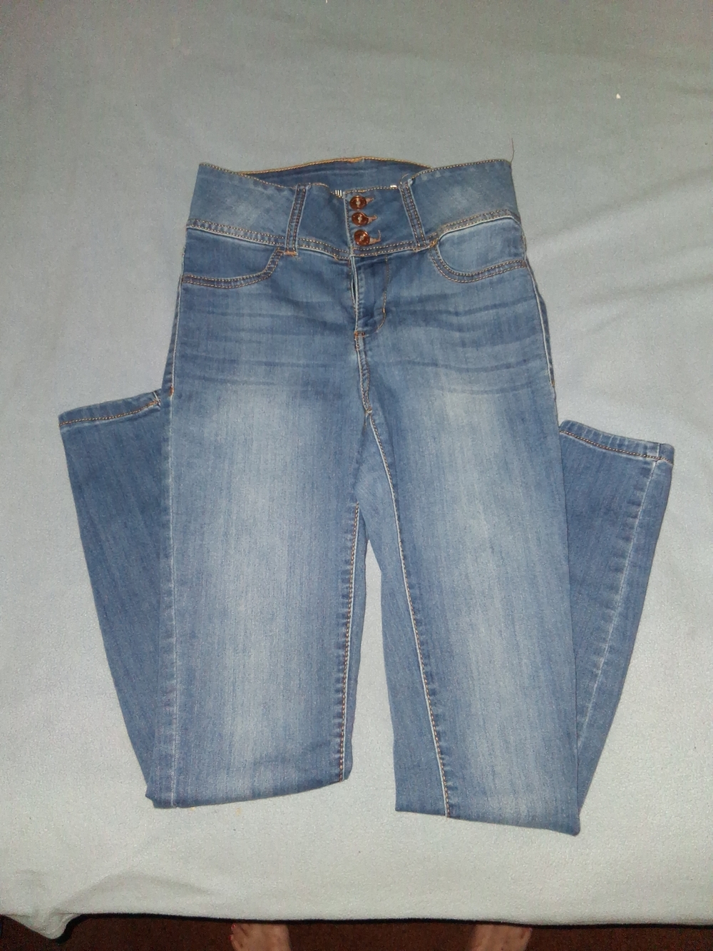 Vanilla Star Mid-Rise Blue Skinny Jeans with Triple-Button Waist